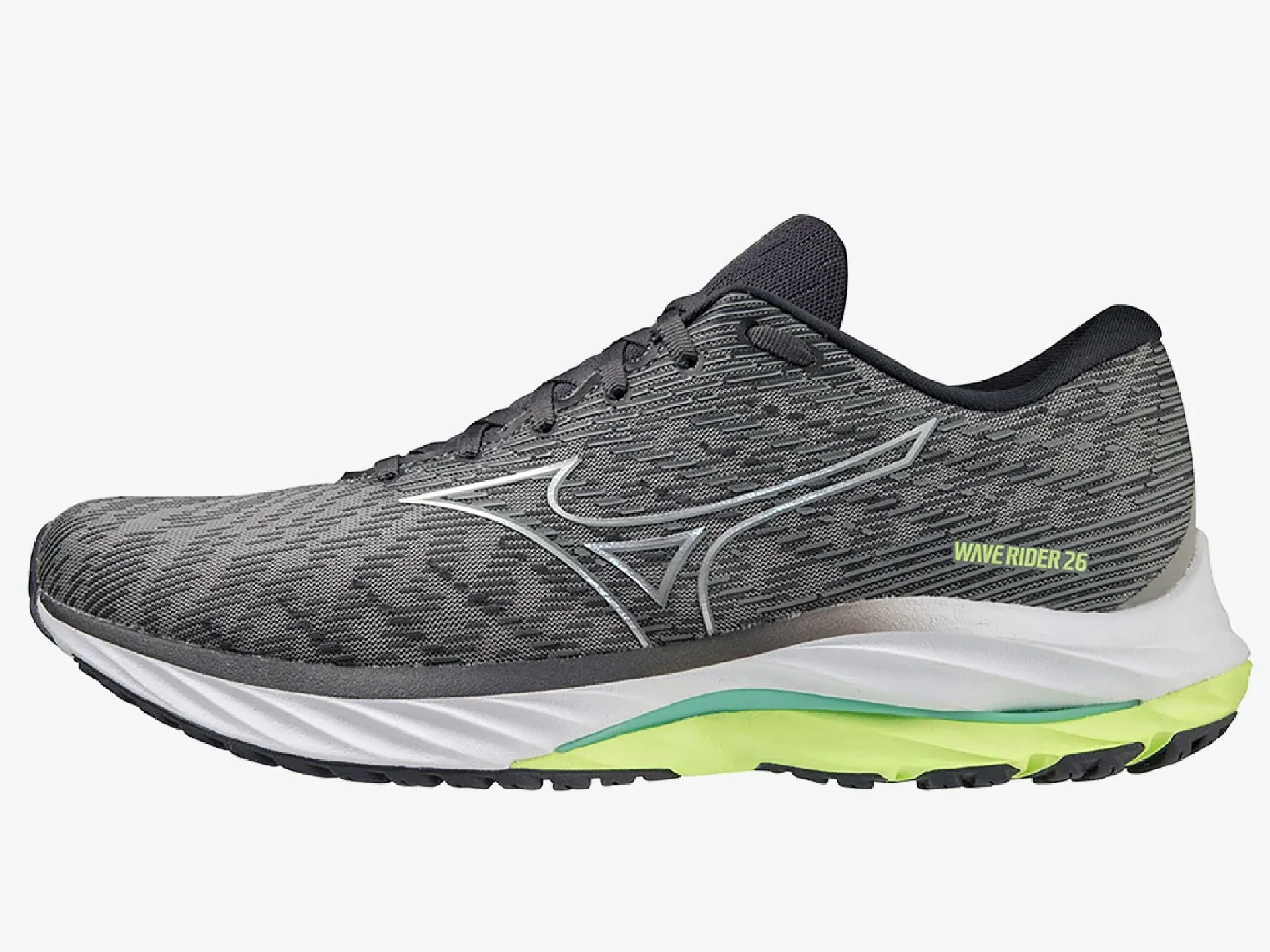 MENS MIZUNO WAVE RIDER 26 - UNDYEDGRAY NEOLIME EBONY - Image 10
