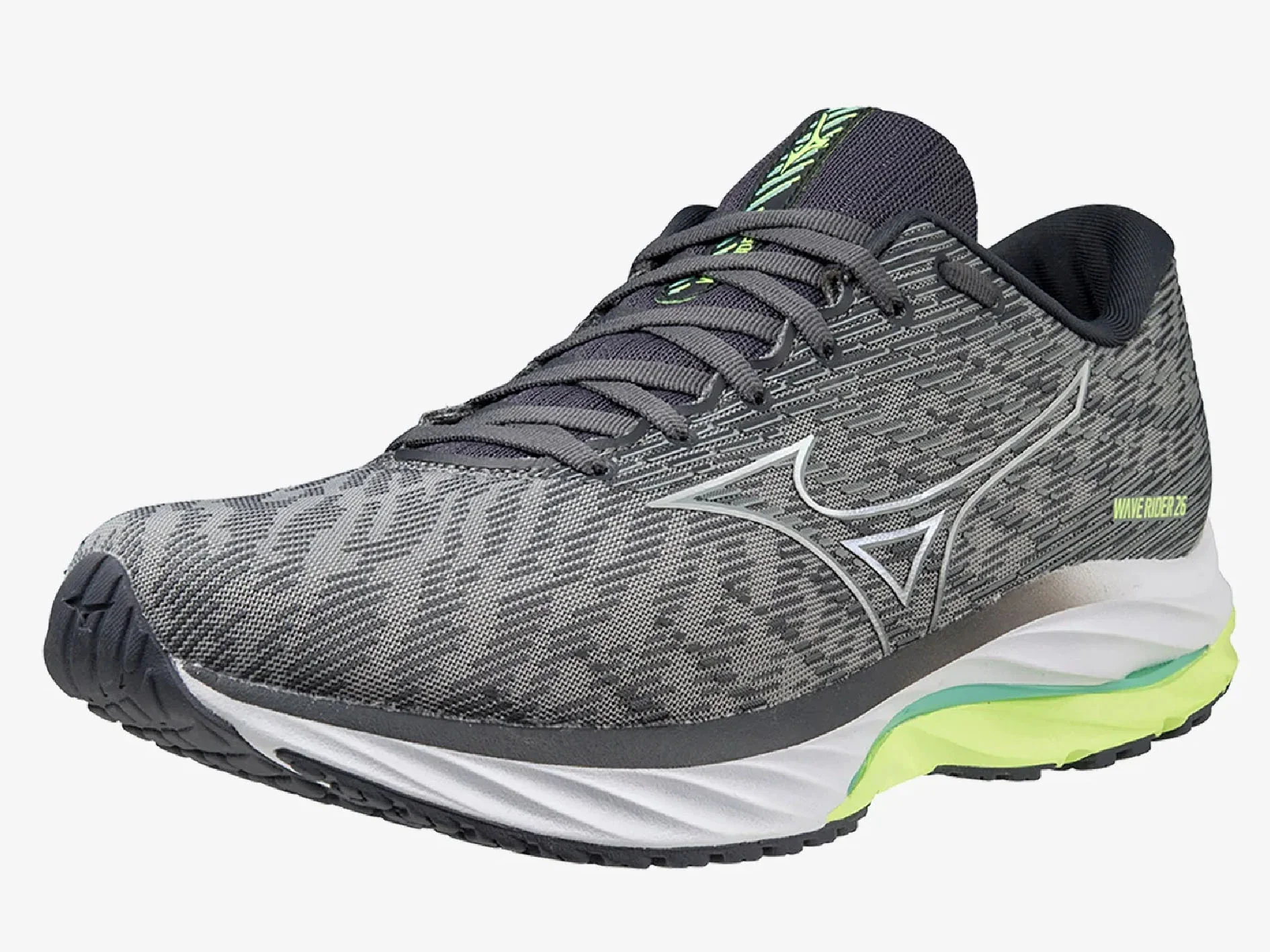 MENS MIZUNO WAVE RIDER 26 - UNDYEDGRAY NEOLIME EBONY - Image 4